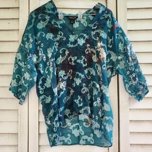 Citron Blue Teal Floral Asian Print Kimono Silk Blend Sheer Cardigan Size PS
